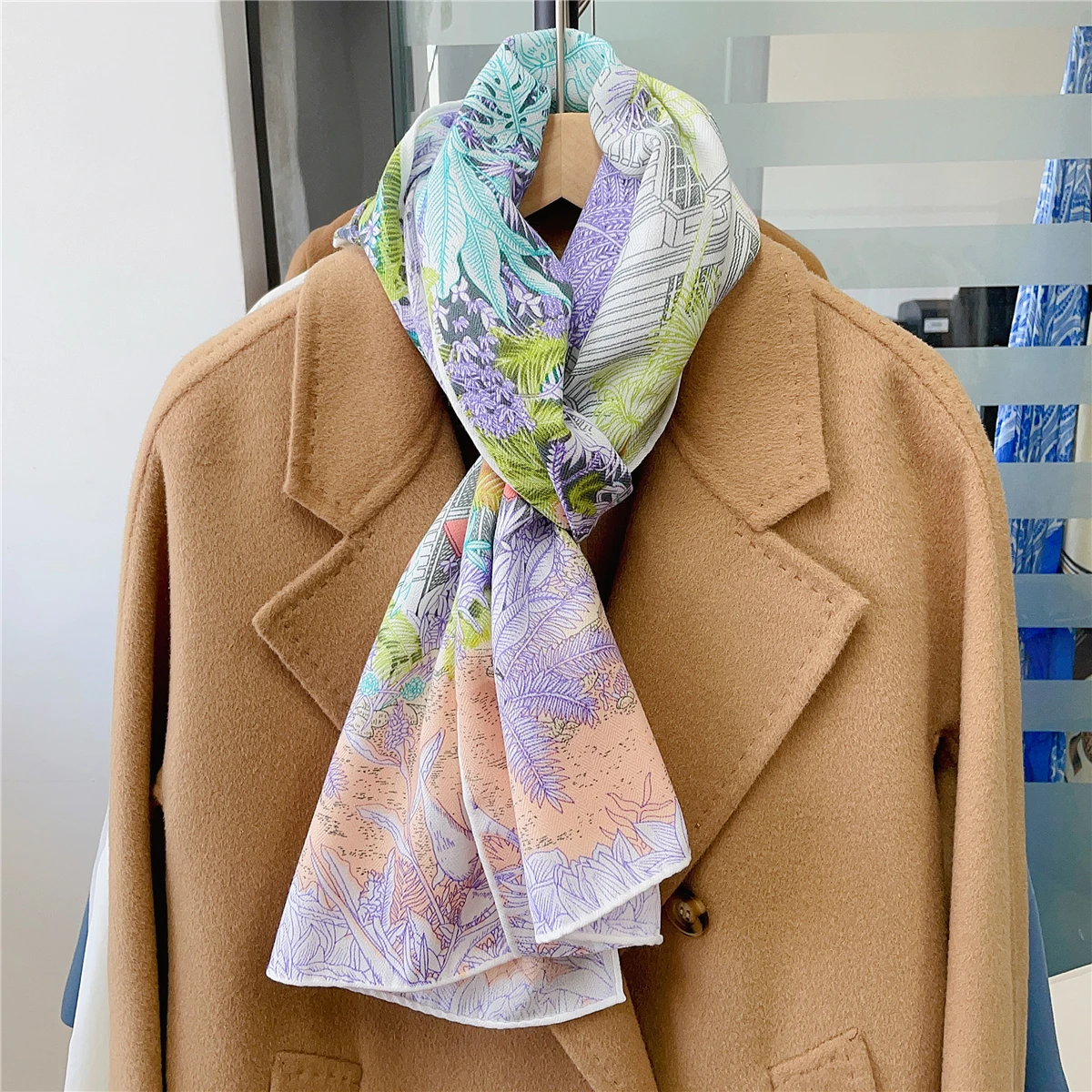 160x33CM Luxury Winter Silk Cashmere Scarf Women Plant Architecture Manual Hand Rolled Shawls Warm Scarves Wrap Pashmina Bandana