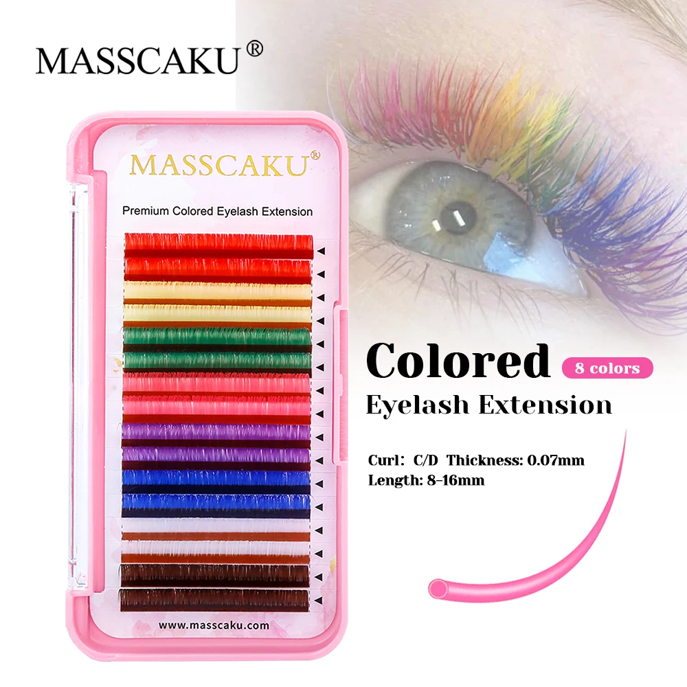 

Wholesale MASSCAKU Premium Faux Mink Colored Russian Volume Lashes 8-15mm Single Size Rainbow Classic Regular Lash Easy to Use