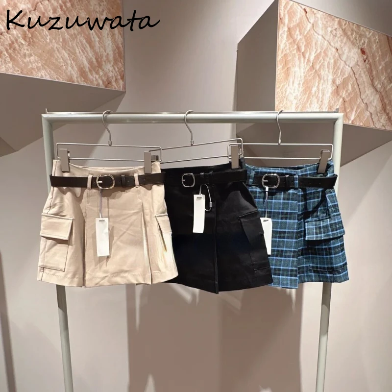 Kuzuwata Japan A-line Solid Sweet Skirt Shorts High Waist Ruched Belt Casual Woman Pants Moda All-match Elegant Mujer Pantalones