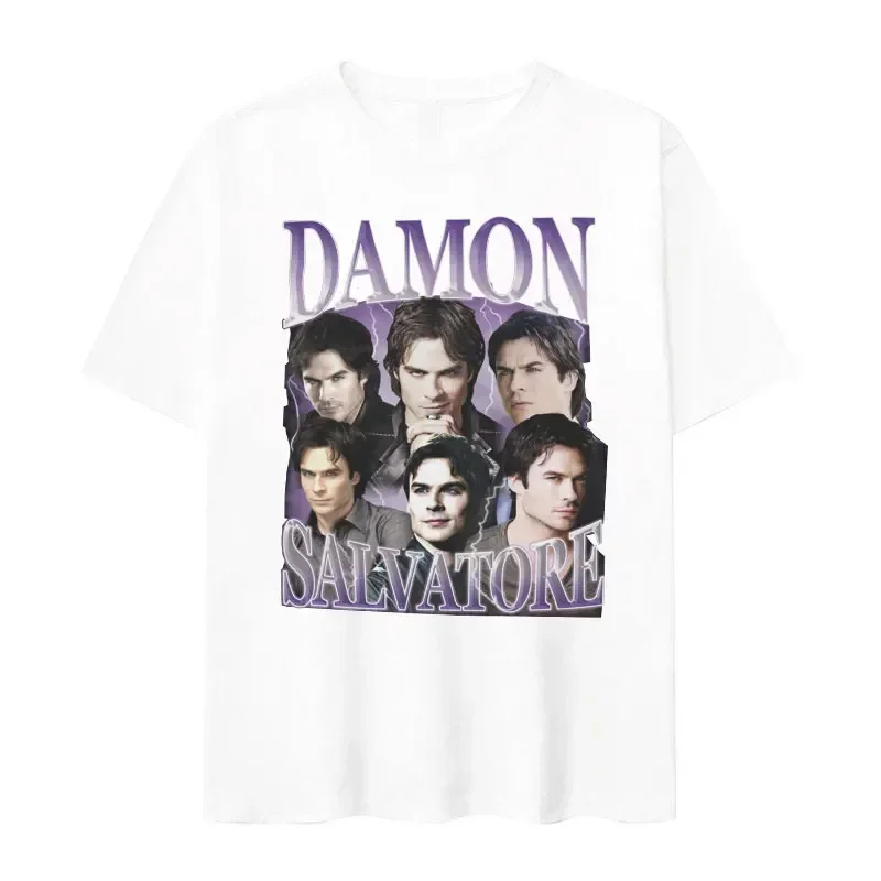 Women Retro Gothic Fashion Tshirt for Women's Street Wear Damon Salvatore IanSomerhalder Drama Pattern Tshirt