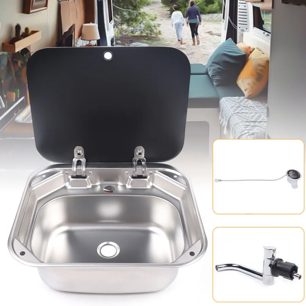 Bymaocar Motorhome RV Horsebox Camping Car Sink Stainless Steel Hand Wash Inset Basin Sink Set with Lid, Faucet and Drain Pipe