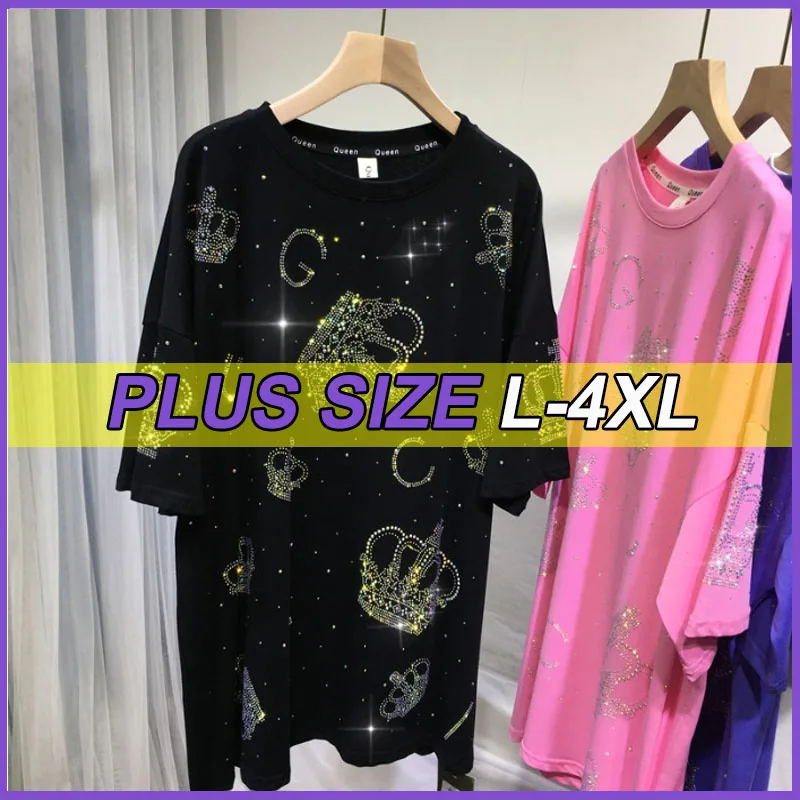 

Plus Size T-Shirts European Tops 3XL 4XL Summer New Fashion Loose Rhinestone Diamond Crown Iron Diamond Women Short-sleeved Tees