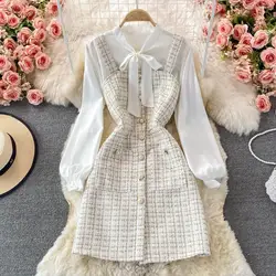 Elegant Chiffon Shirt Tweed Dress Sets Women Long Sleeve Lace Up Bow Shirts + Vintage Sling Plaid Dresses Suits Oiffice Lady Y2k