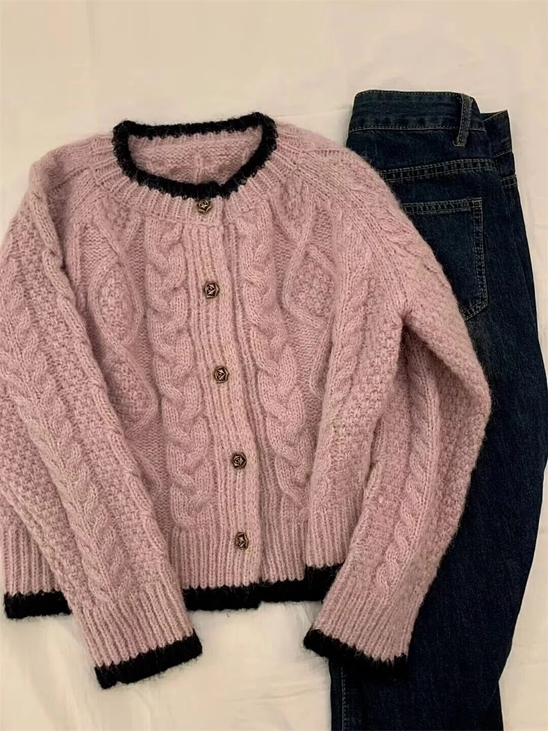 Chic Pink Knitted Cardigans Women Spring Autumn New Rose Single Breasted Long Sleeves Sweater Coats Gentle Elegant Warm Knitwear