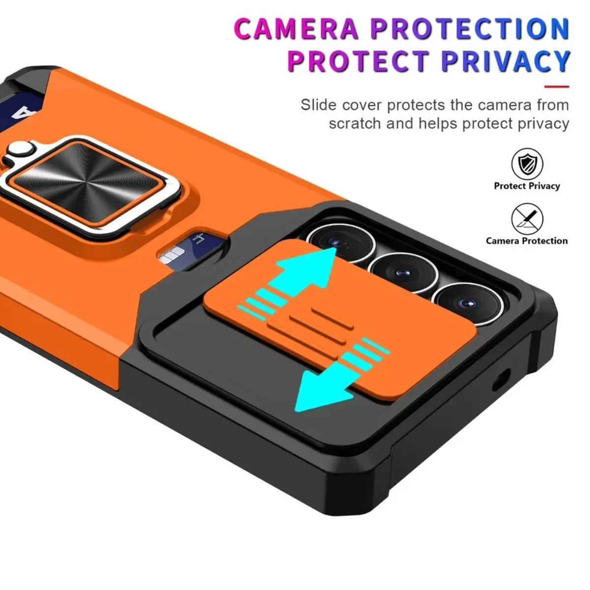 Card Slot Ring Holder Phone Case with Slide Camera Cover For Samsung Galaxy S26 Ultra S25 Edge S24 Plus S23 S22 S21 FE A57 A37 - view 3