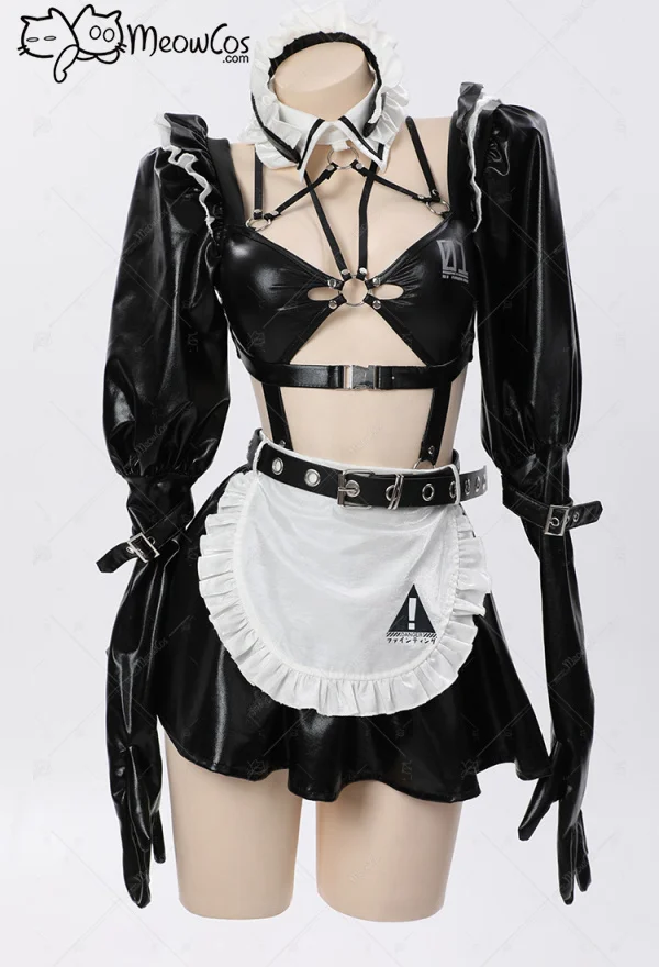 

Meowcos Women Gothic Dark Maid Lingerie Set Black Sexy Bodysuit with Miniskirt and Stockings Cosplay Costumes