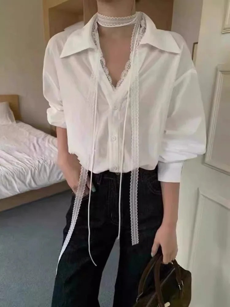 

Korean Loose Blouses For Women's Patchwork Lace Deep V-neck Chic Shirts Fashion White Summer Blouse Tops 2025 Camisas De Mujer