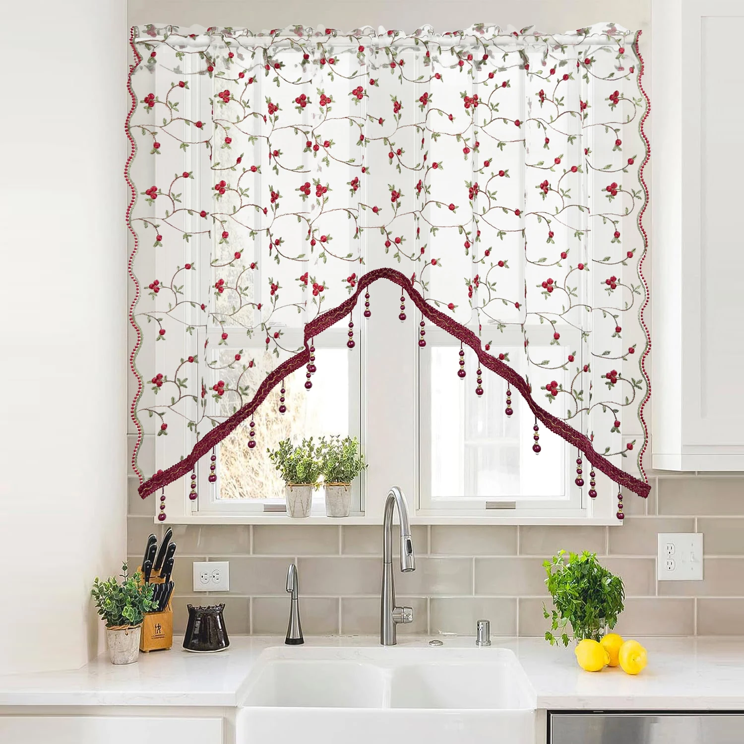 

French Country Embroidery Flower Small Curtain for Kitchen Window Vintage Voile With Beaded Farmhouse Triangle Coffee Curtain