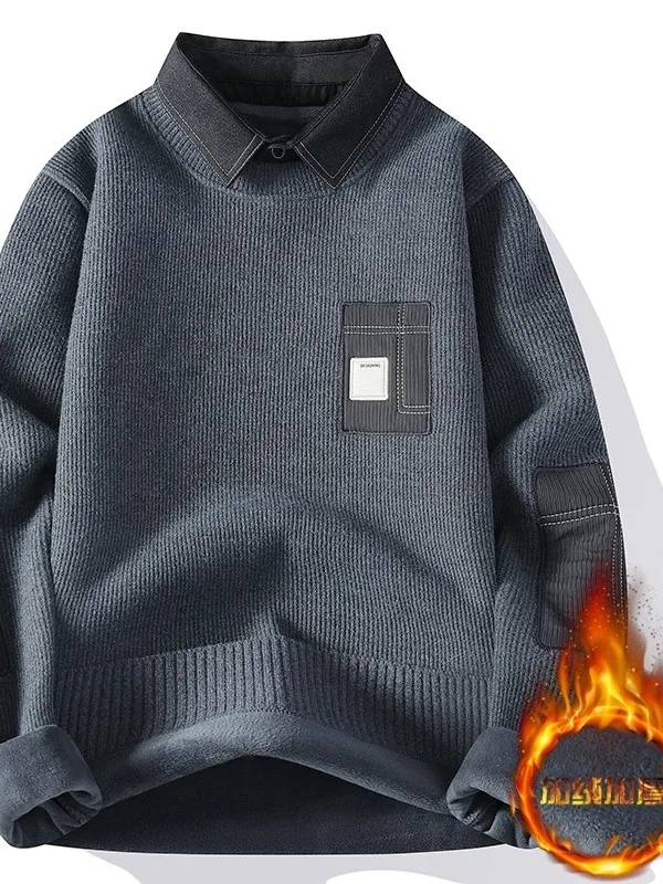 

Мужской вязаный свитер-обманка с воротником-рубашкой, утепленный флисом, теплый, повседневный, для студентов, осень-зима, базовый слой