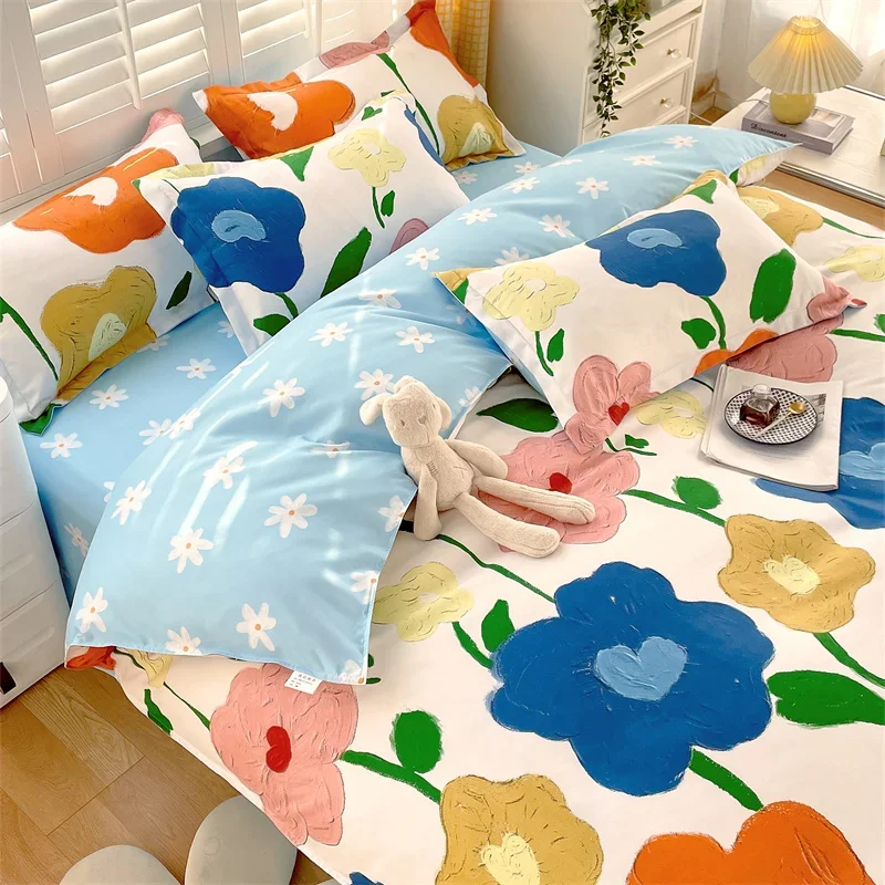 Fashion Oil Painting Style Duvet Cover Set Colorful Flower Four Seasons Quilt Cover Blue Theme Bedding Set with 2 Pillowcases