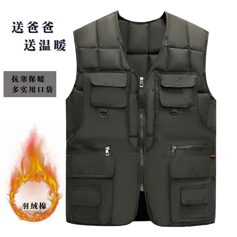 Autumn and Winter Men's Down Cotton Vest Thickened Warm Casual Tank Top with Ten Pockets for Inner and Outer Wear Shoulder Cover