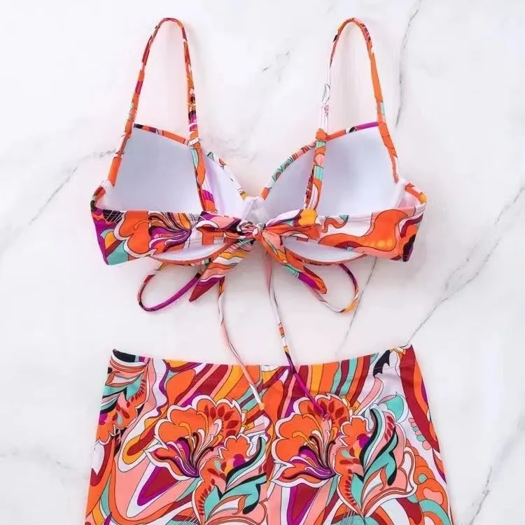 Maiô feminino 2025 nova impressão de cintura alta tankini duas peças biquíni sexy com decote em v suspender maiô rendas até verão banho