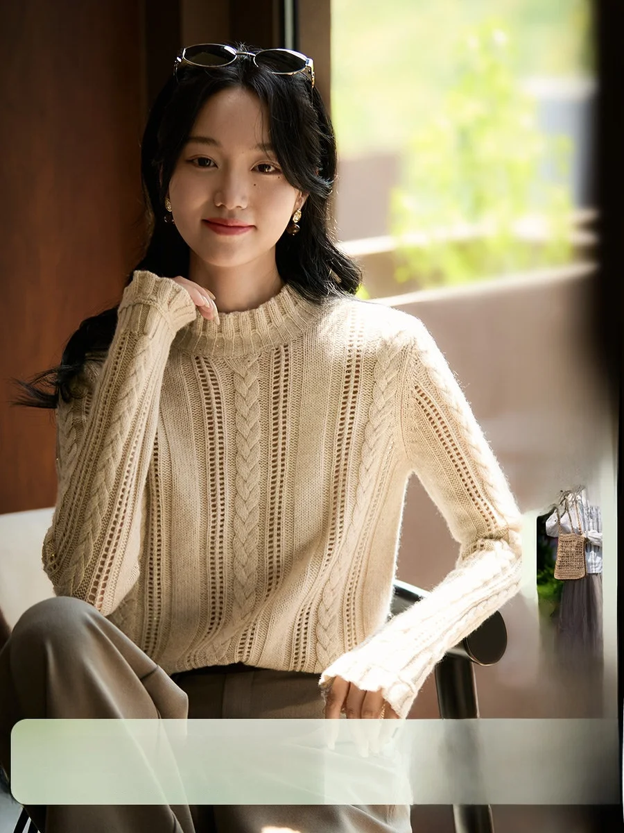 

Ele Knitted Sweater with awl Collar And Lace Trim Wool Camere Blend Flower Twist Design Long Sve Women's Faion