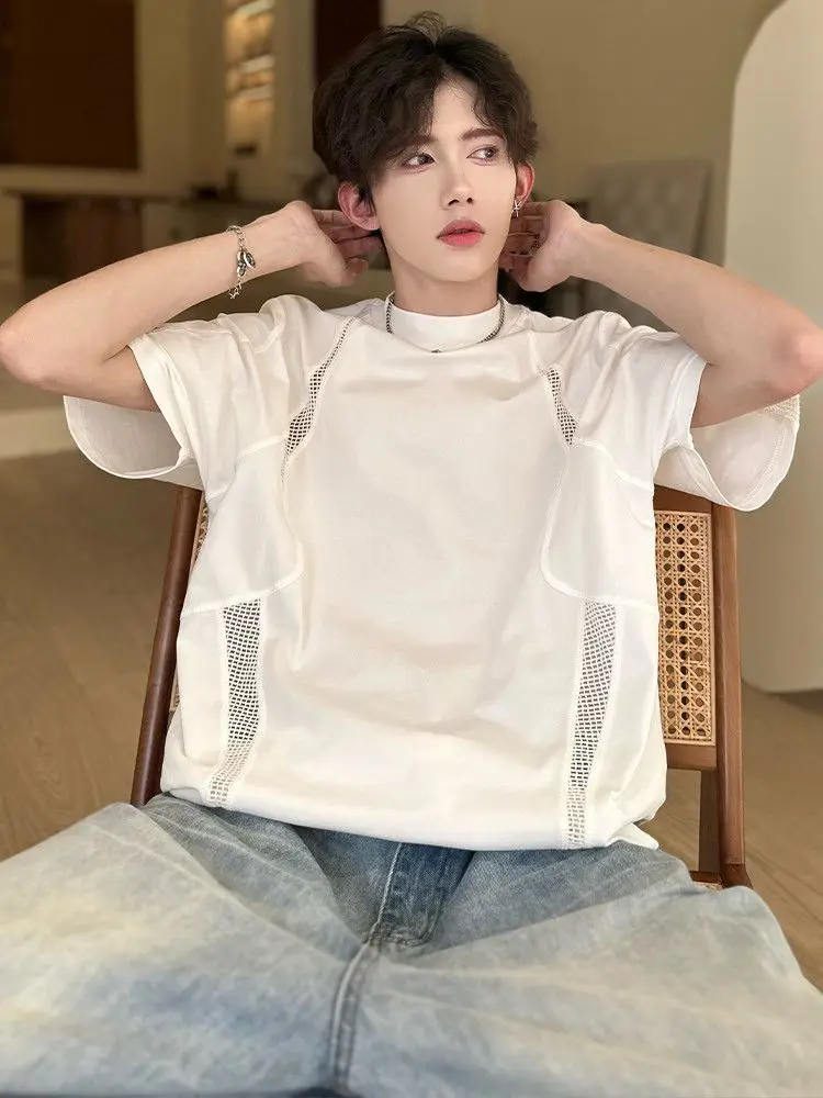 Men's White Deconstructed Mesh Spliced Padded Shoulders Short Sleeve T-Shirt Cleanfit Niche Design Trendy Summer​