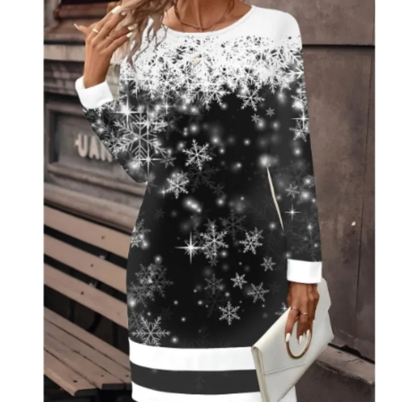 Women Christmas Party Dress 3D Funny Wine Christmas Element Printed Dress 2024 New Autumn Winter Long Sleeve O-neck Casual Dress