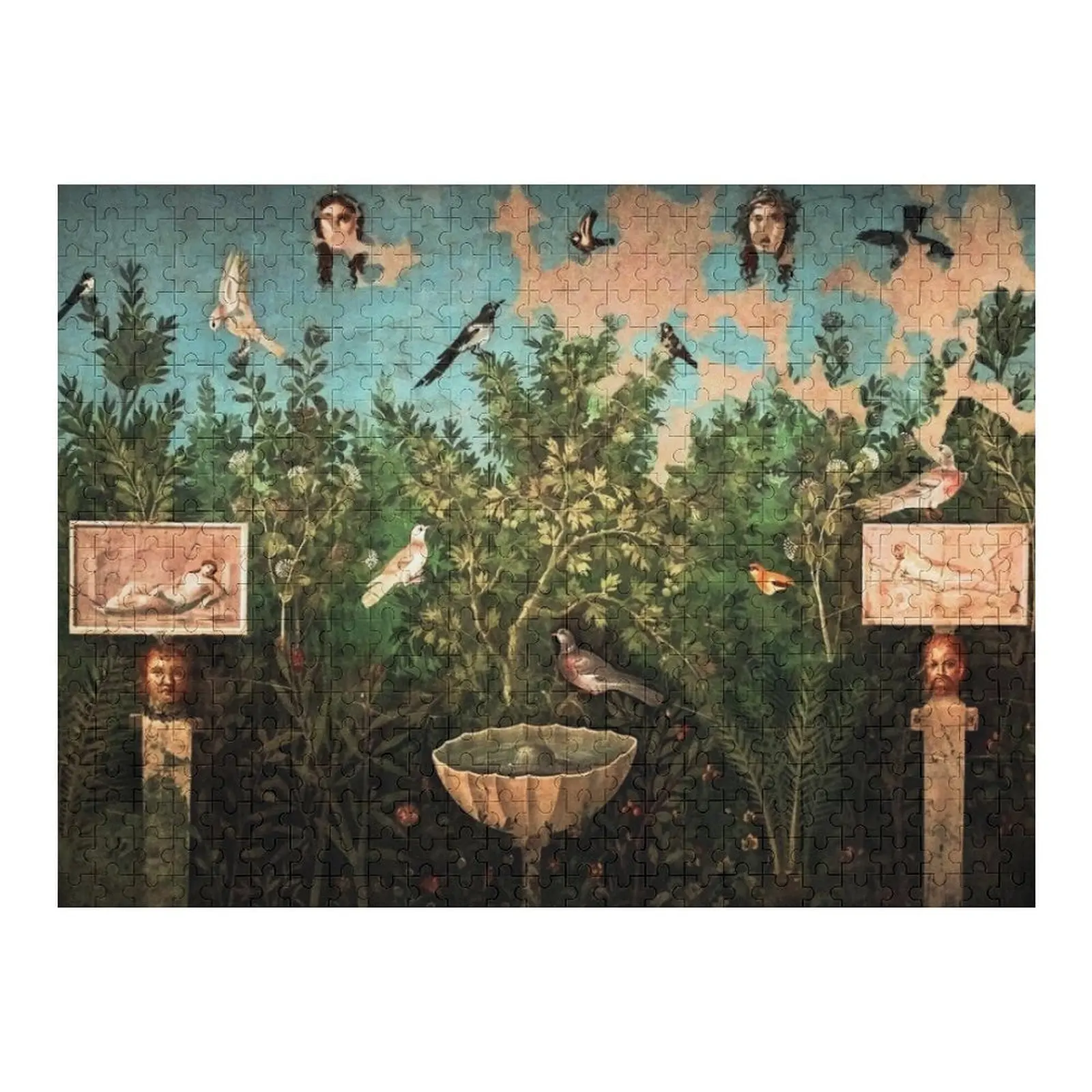 

POMPEII COLLECTION / FLYING BIRDS,DOVES,FOUNTAIN IN GARDEN ,BLUE GREEN FLORAL Jigsaw Puzzle Personalized Gift Puzzle