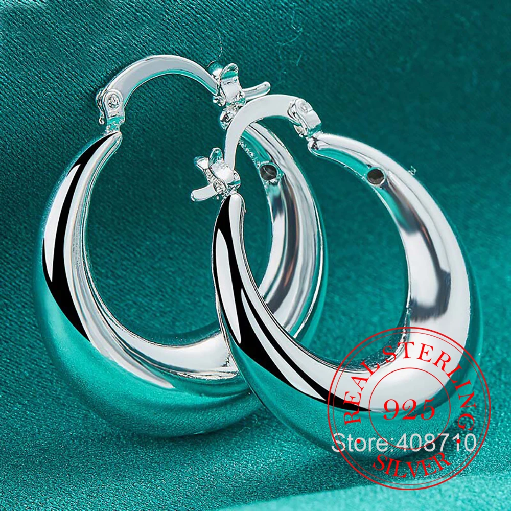 Circle Smooth U Shape Big Hoop Earrings for Women 925 Sterling Silver Hoops Female Jewelry Gift aretes de mujer