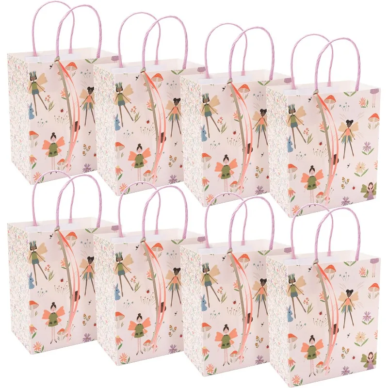 12 Pcs Woodland Fairy Theme Gift Bag Set with Ribbon Decorations for Birthday Party Fairies Bag Pink Boxes with Mushroom Flower