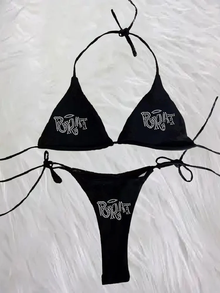 2000s Woman Punk New Beach Swimwear gothic clothes BRAT Rhinestone printing Grunge Swimsuit Bikini Y2K Bathing Suits Lace Up ﻿