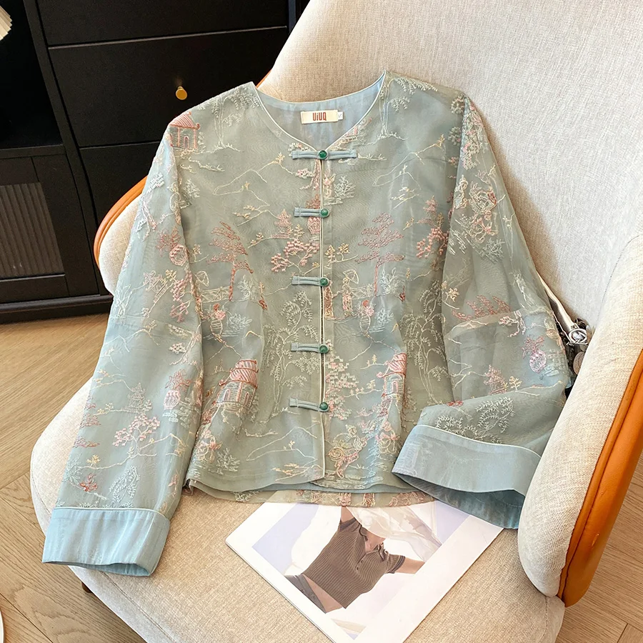 

Шиловое пальто с вышивкой в китайском стиле, солнцезащитная верхняя одежда с узором «Павильонная башня», тонкий летний модный женский топ