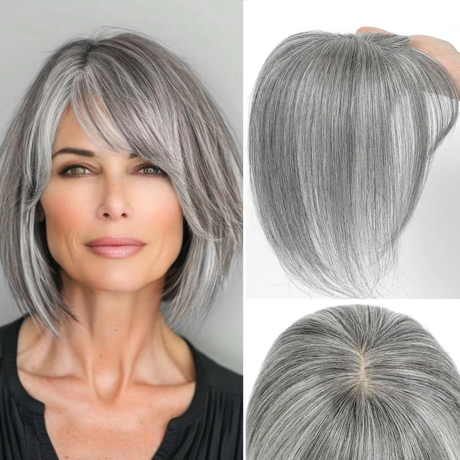 Topper en cheveux humains naturels avec frange, noué à la main, base fine 5 x 9 cm, léger, à clipser, en cheveux Remy, pour usage répété
