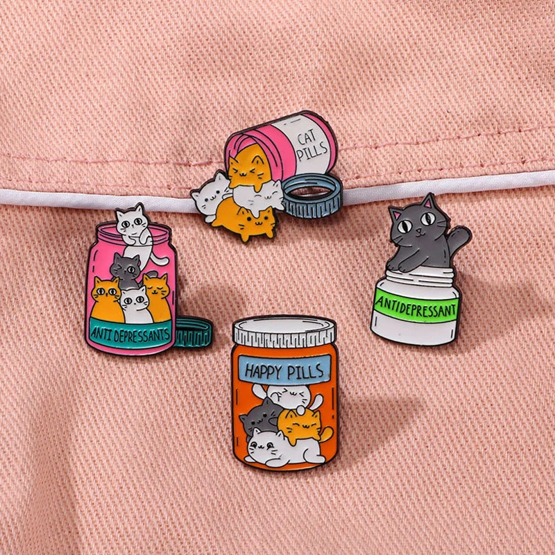 Cute Cat Pill Metal Brooch Cartoon Medicine Jar English Letter Colorful Cat Pill Bottle Fun Animal Badge Punk Lapel Pin Jewelry