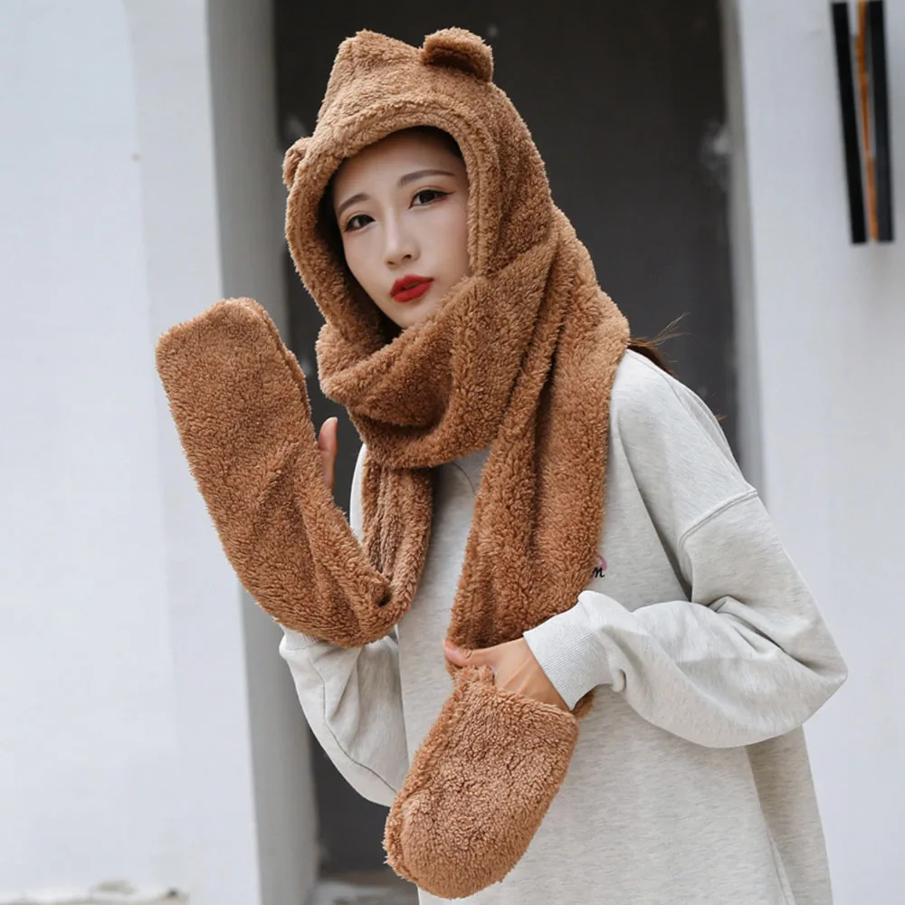 Girl\'s Warm Accessories Cute Bear Ears Warm Double Thick Autumn And Winter Women\'s Hat Scarf Gloves Three Sets In One