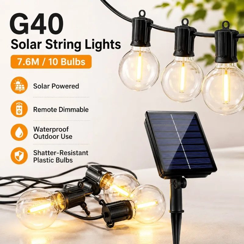 G40 Solar String Lights 7.6M 10 LED Bulbs Waterproof Remote Dimmable USB Charging for Patio Garden Camping Solar String Light
