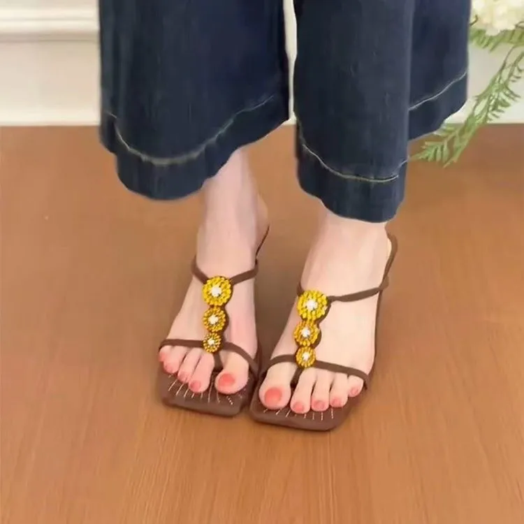 Alien-style and Flip-flop Retro Rhinestone Toe-clip Summer Versatile One-strap Square-toe Fashionable and Elegant Sandals