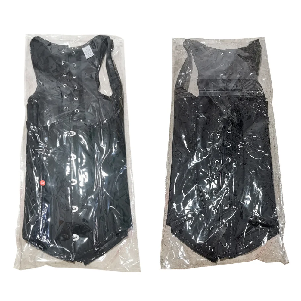 ملابس داخلية نسائية أنيقة من الجلد الأسود اللامع مع إبزيم فولاذي، بدلة تنحيف بتصميم راقٍ للمناسبات الرسمية