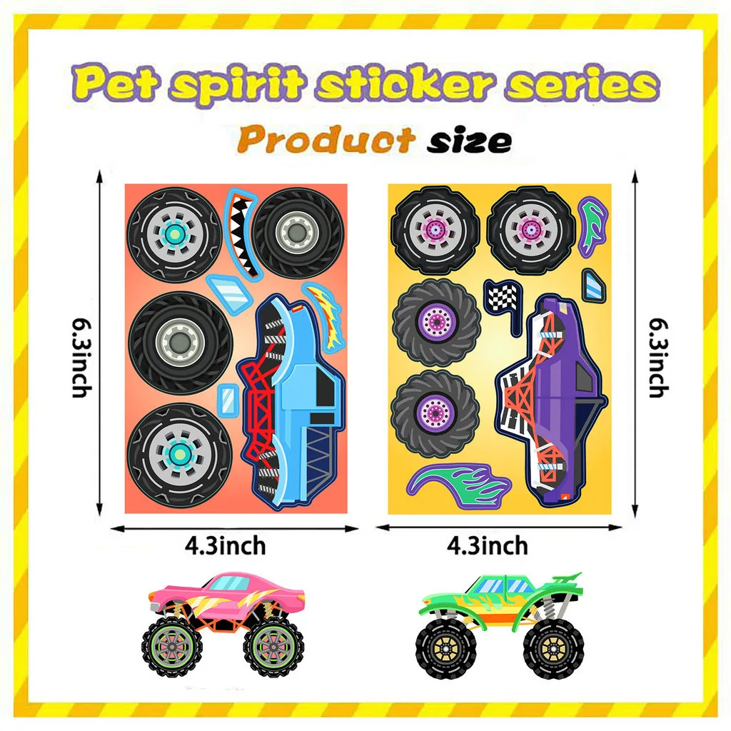 8Sheets Original Cartoon Monster Trucks Waterproof Graffiti Stickers for Helmet Bicycle Hand Account Pencil Case Decals image 3