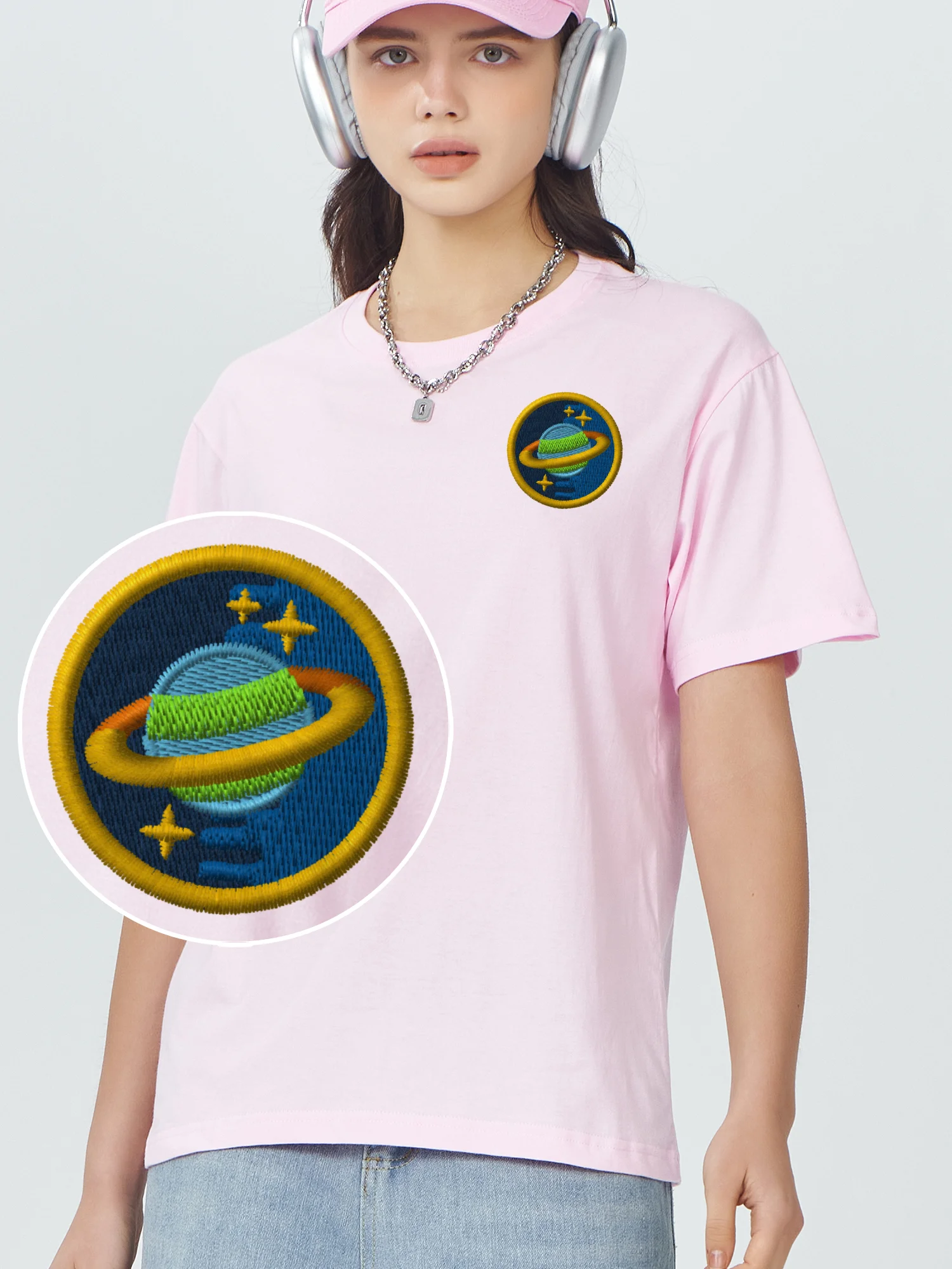 

Saturn Emblem Embroidered Tshirt Earth 100% Cotton Embroidery T-Shirts Hiphop Streetwear Tshirt New Clothing