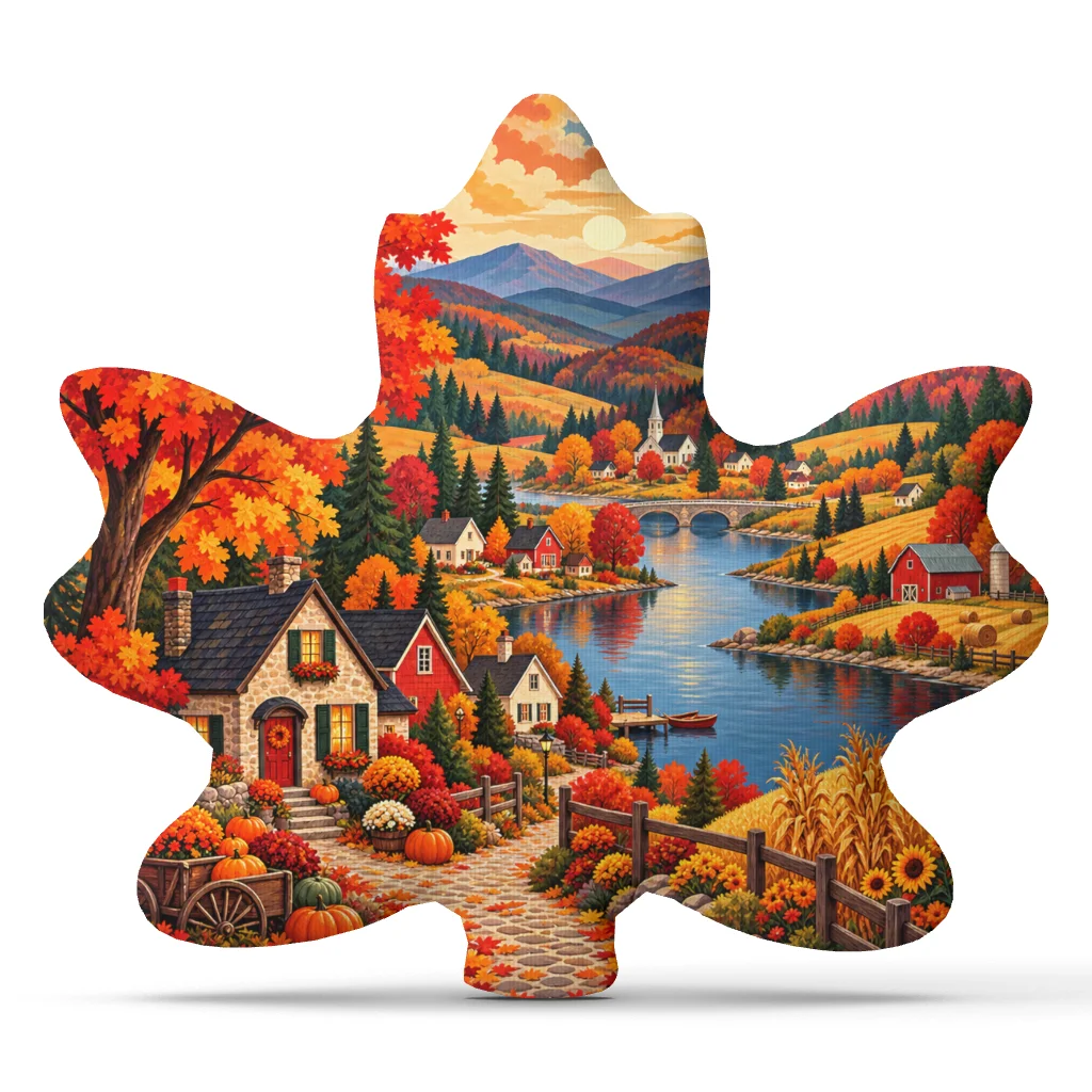 Autumn Village Plush Pillow Fall Country Landscape Cushion Maple Leaves Harvest Farmhouse Throw Pillow Shaped Home Decor