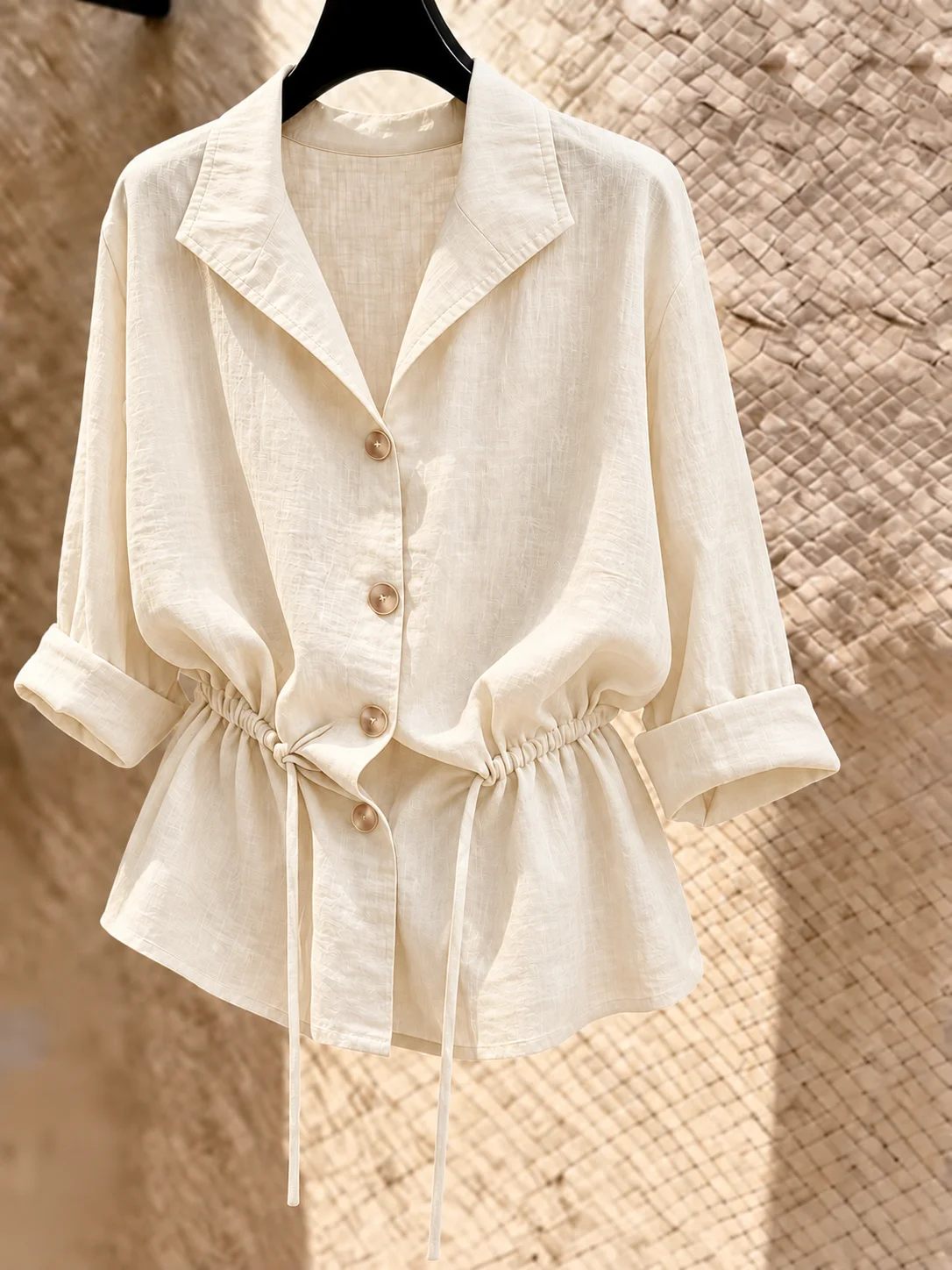 Women’s 100% Cotton Drawstring Waist Shirt, Long Sleeve Breathable Loose Fit Casual Blouse, Lightweight Summer Top for Women