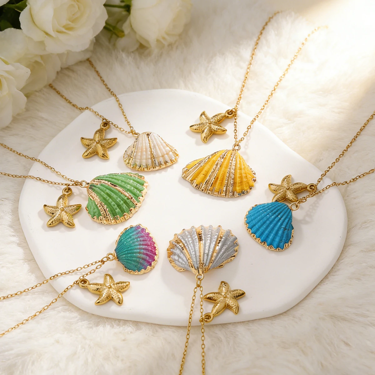 Summer Beach Style Colorful Shell Starfish Pendant Necklaces Gold Color Chain Fashion Vacation Party Daily Jewelry for Women