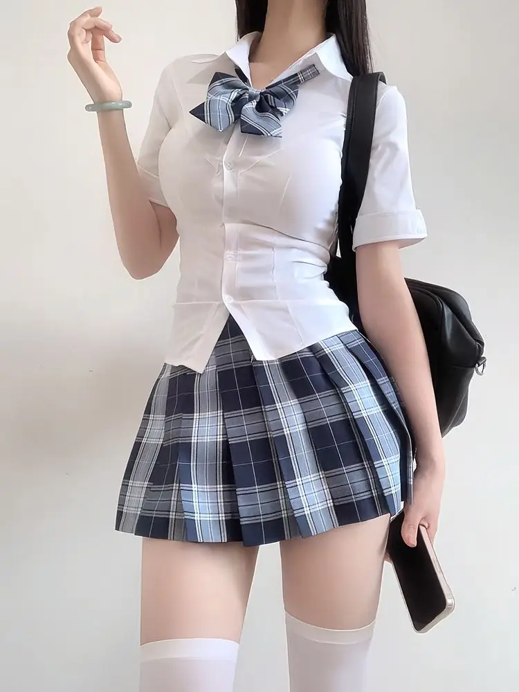 College Style Jk Uniform Shirt And Skirt Set Women's Spring Summer Slimming High Waist Bicolor Plaid  Dress Three Pieces