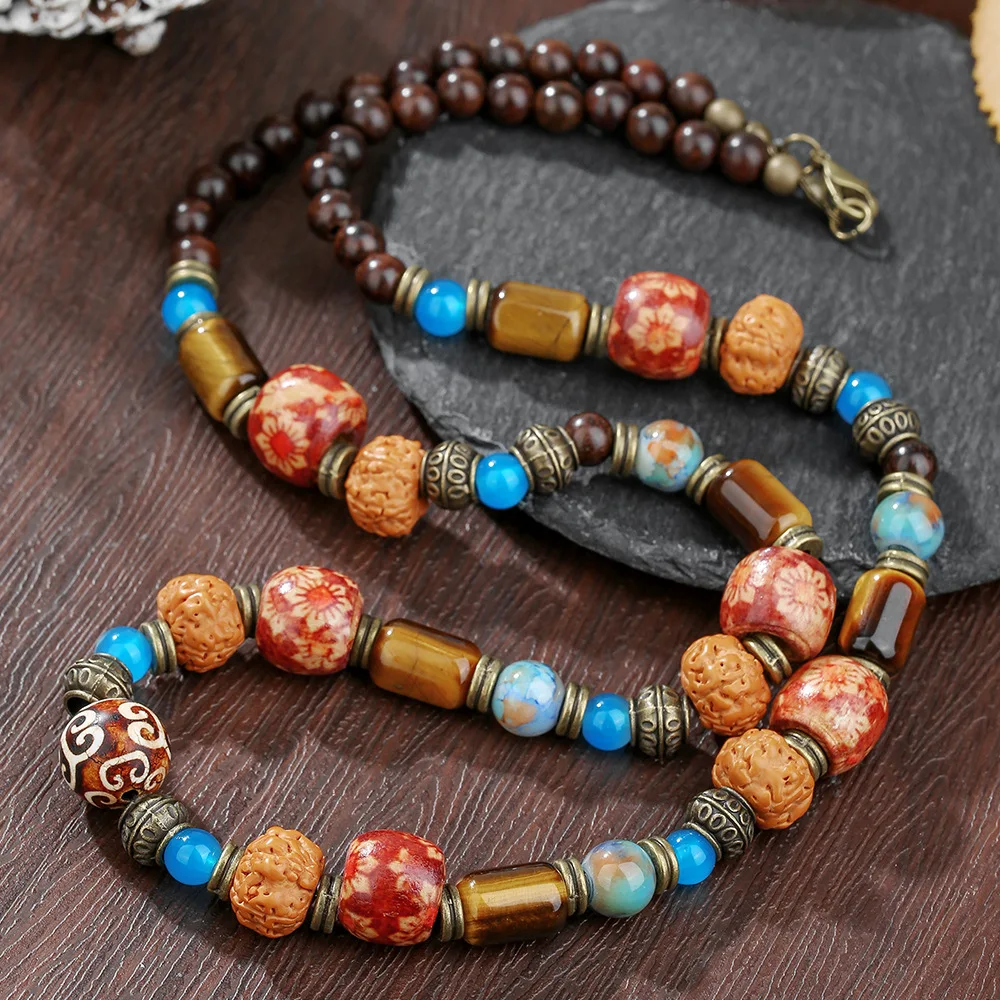 1PC Men's ethnic boho tiger eye stone beaded necklace for men tribal bohemia wooden bodhi beads necklace man jewelry