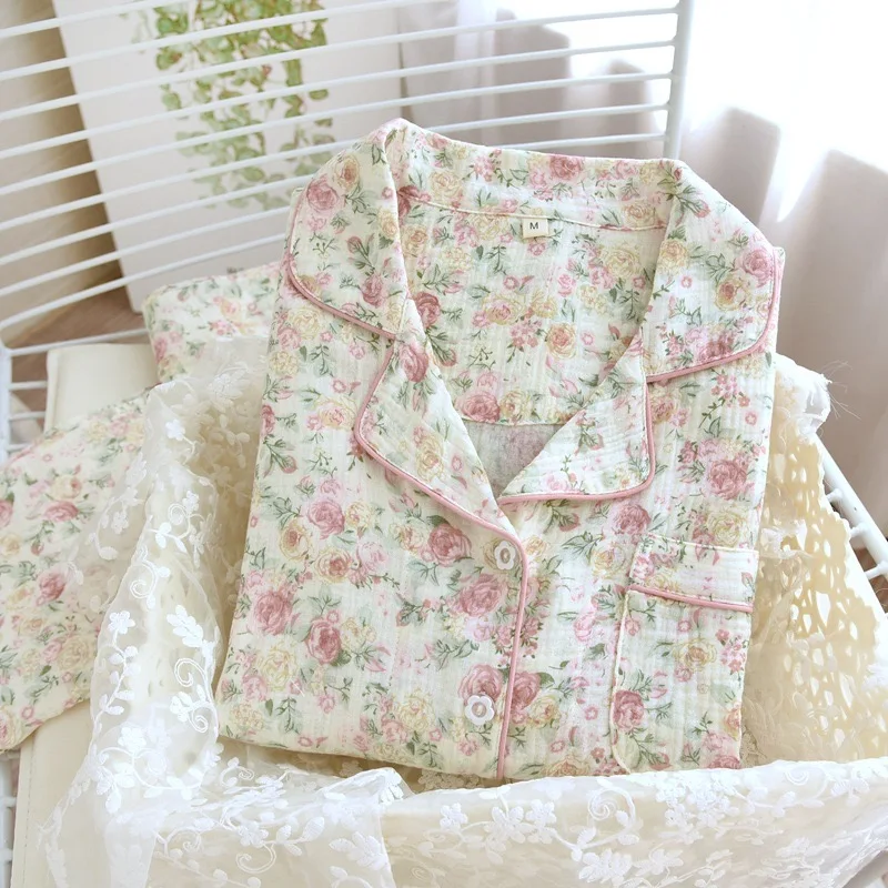 Pijamas de crepé de algodón para mujer, ropa de dormir informal suave y holgada, pantalones de manga larga, conjuntos de pijama, ropa de noche, conjunto de 2 piezas, otoño 2025