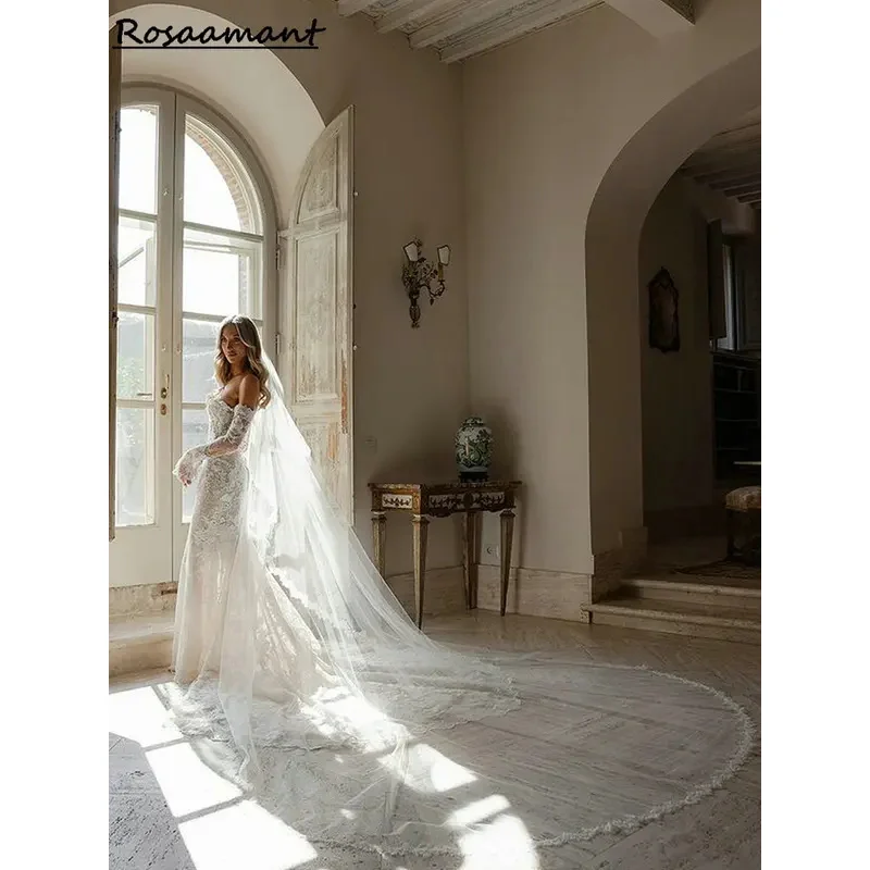 2025 Illusionary Appliques Lace Mermaid Wedding Dresses Sinetheart Destachable Seeve Boho Country Used Brival Gown