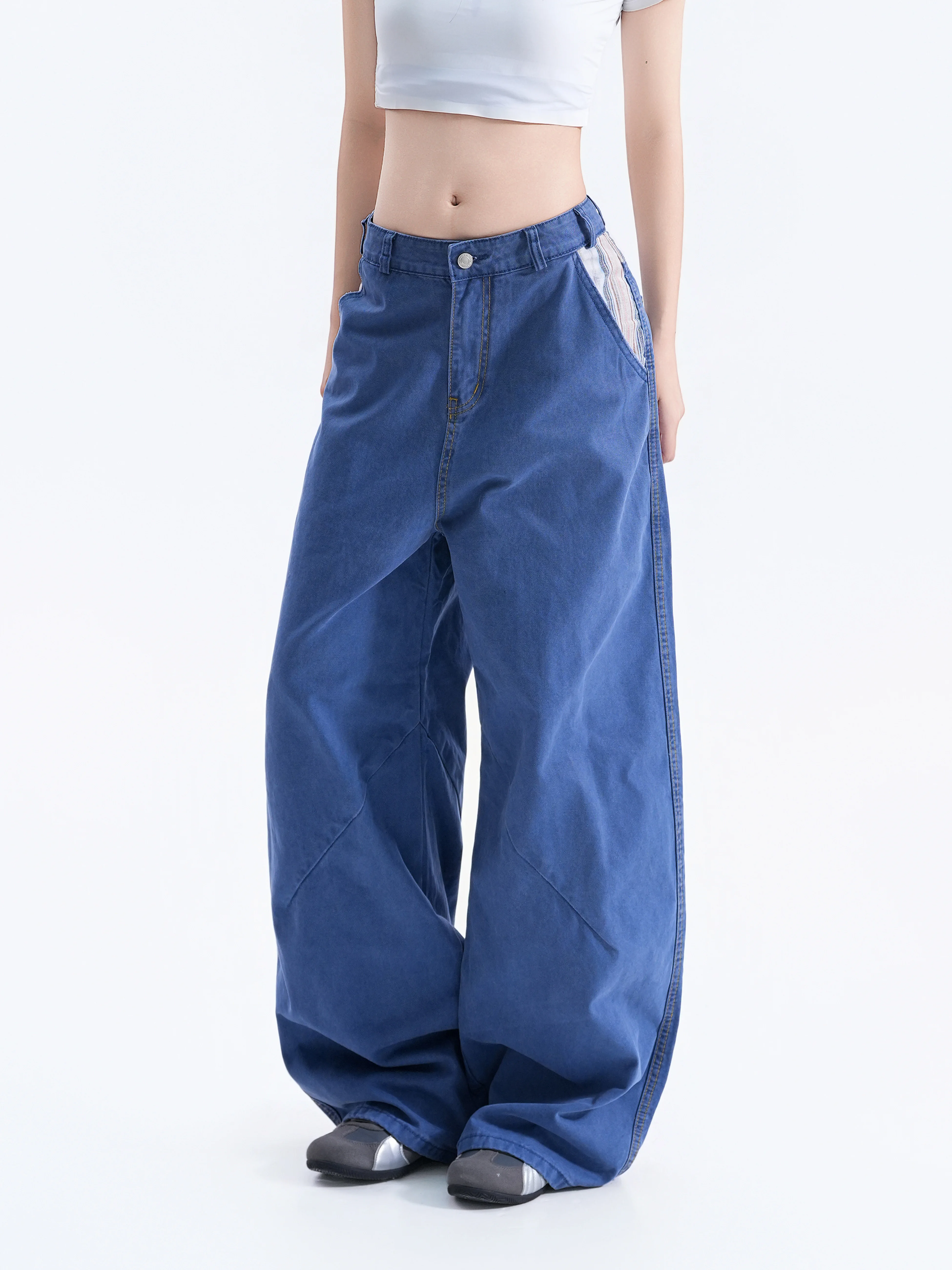 American Retro Paris Buckle Work Pants Women's Patchwork Design Draping Lazy Style Couple Wide Leg Pants Casual Cotton