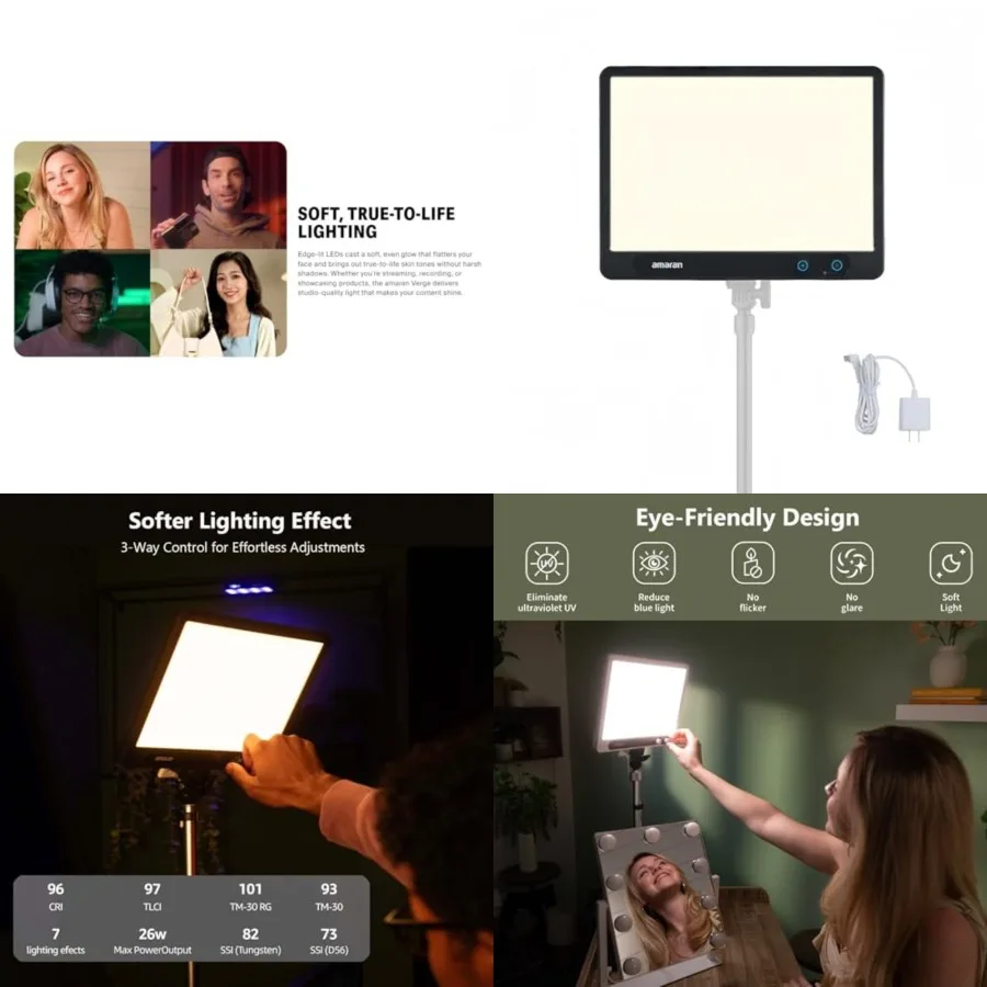 Verge Edge-lit Rectangular Panel Light, 96+ CRI, 0-100% Brightness and 2700K-6500K, Bi-Color, Front-Facing Knobs and APP Contro