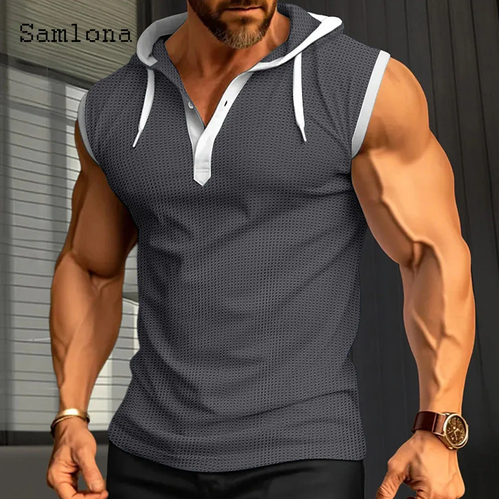 Mens Casual Patchwork Hooded Tank Tops 2025 Europe Style Running Fitness Vest Men's Sleeveless Beach Tracksuits Shirts Pullovers