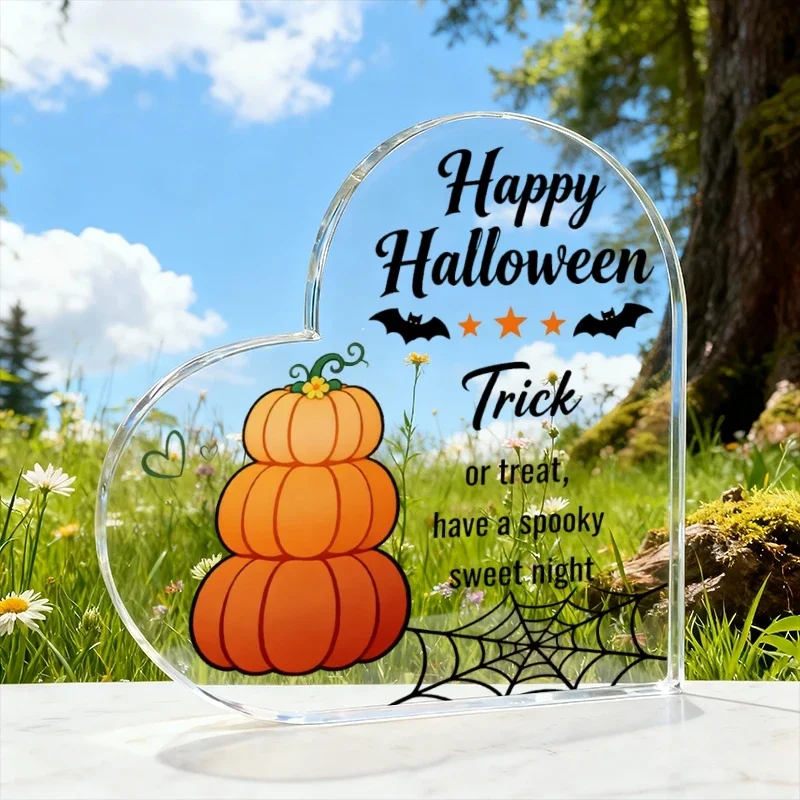 Happy Halloween Heart‑Shaped Acrylic Plaque, Stacked Pumpkin Desktop Decor