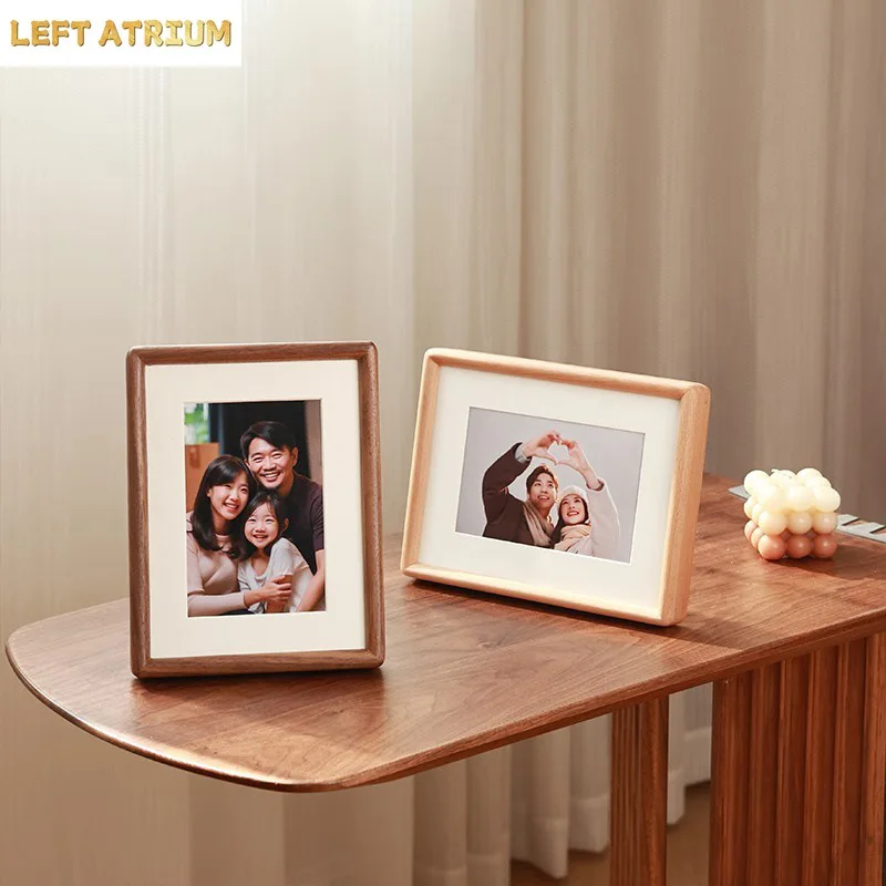 HeMu Minimalist Solid Wood Photo Frame, Walnut Wood Picture Frame with Mat, Tabletop & Wall Mounted Photo Display for Home Decor