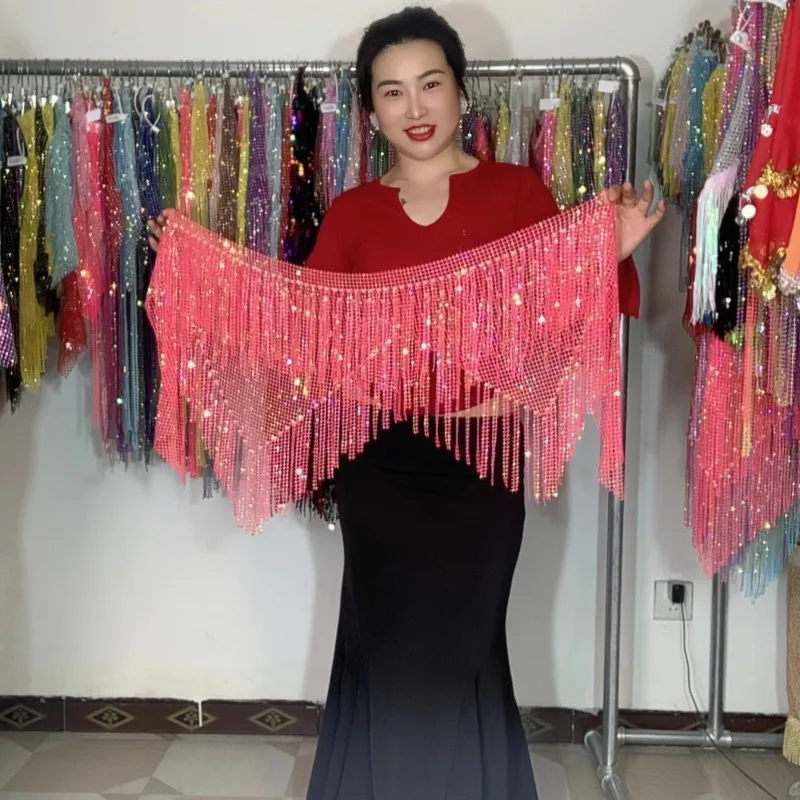 

Customized Bellydance Hip Scarf Tassel Waist Chain Waist Scarf Starry Stars Front and Rear Triangle Super Flash Belt Accessories