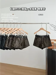 Fall Women Dark Academia Y2k Gyaru Leopard Print Shorts 2000s Aesthetic Kpop Pu Faux Leather Hot Pants Coquette Shoujo Grunge