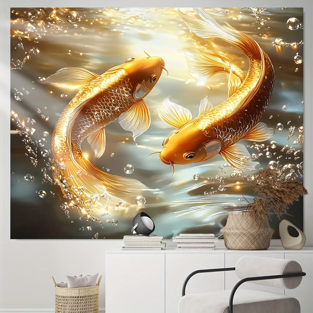 Golden Koi Fish Wall Art Feng Shui Water Decor Lucky Symbol Home Interior Design Living Room Decoration 2D Flat Print