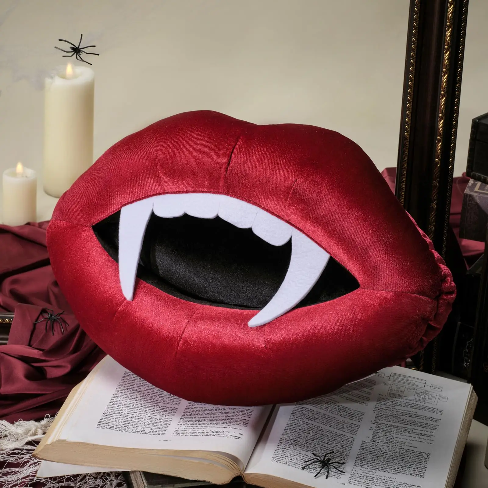 Ashler Vampire Lips Velvet Pillow 3D Felt Teeth Halloween Decorative Throw Pillow for Bed 18.5 X 12 Inches