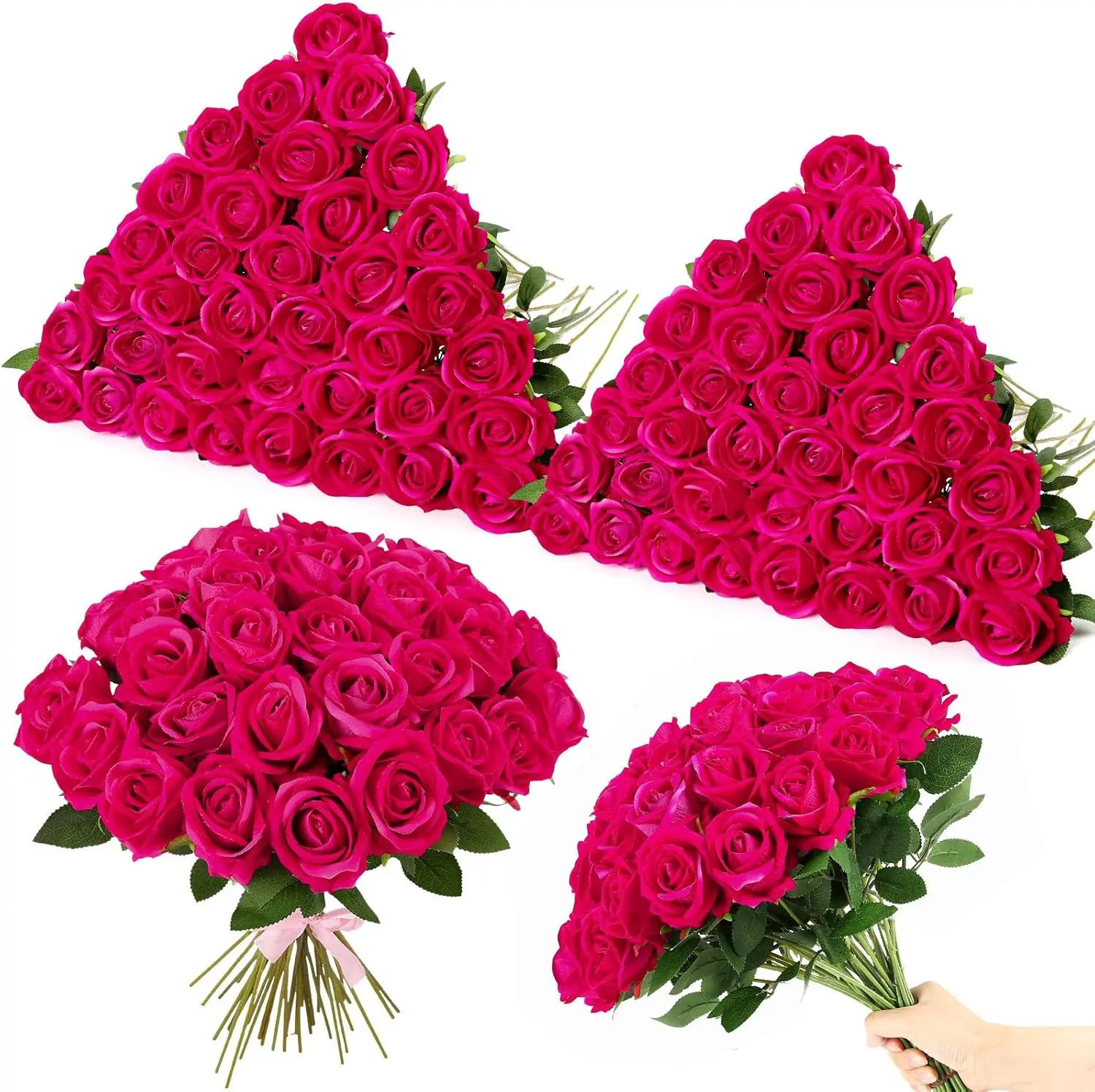 

80 Pcs Roses Artificial Flowers, Silk Hot Pink Artificial Flowers Long Stem Roses for Wedding Bouquet Home Party Deco