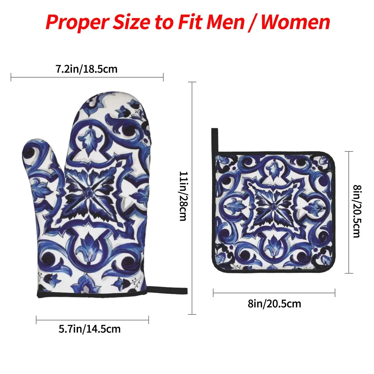 Blue Ornate Floral Mediterranean Sicilian Tile Oven Mitts and Pot Holder for Baking Cooking BBQ Resistant Non-Slip Gloves